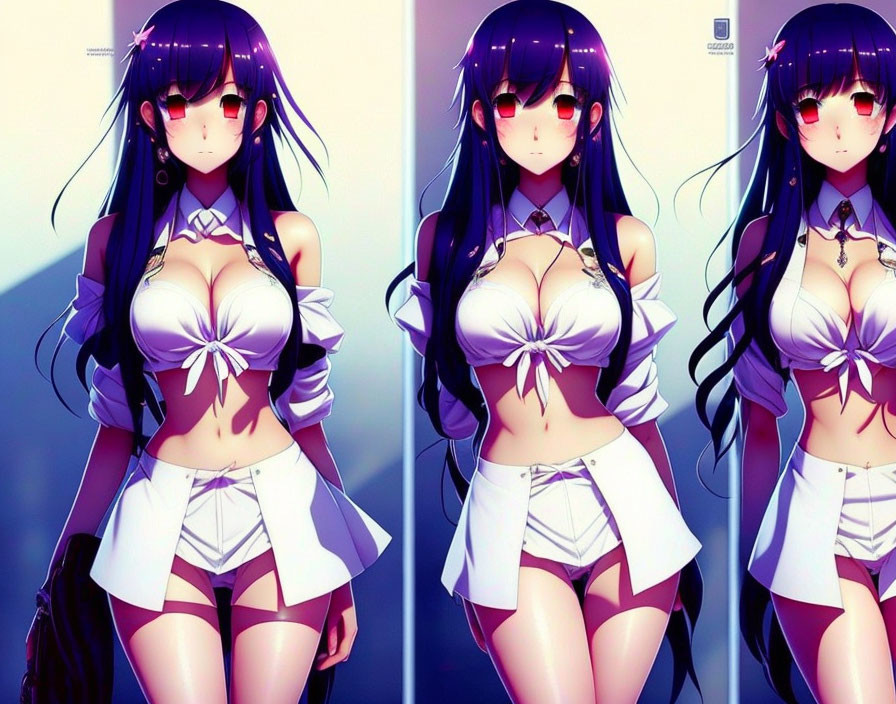 Anime girl with long purple hair and glasses in revealing white outfit beside a window