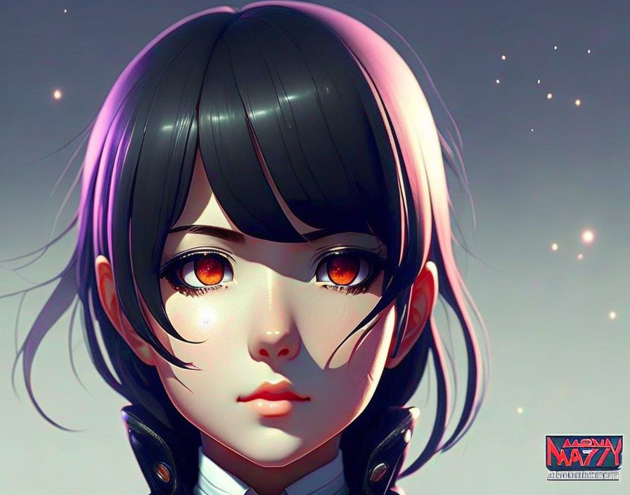 Digital artwork: Female anime character, black hair with pink highlights, large amber eyes, glowing moles