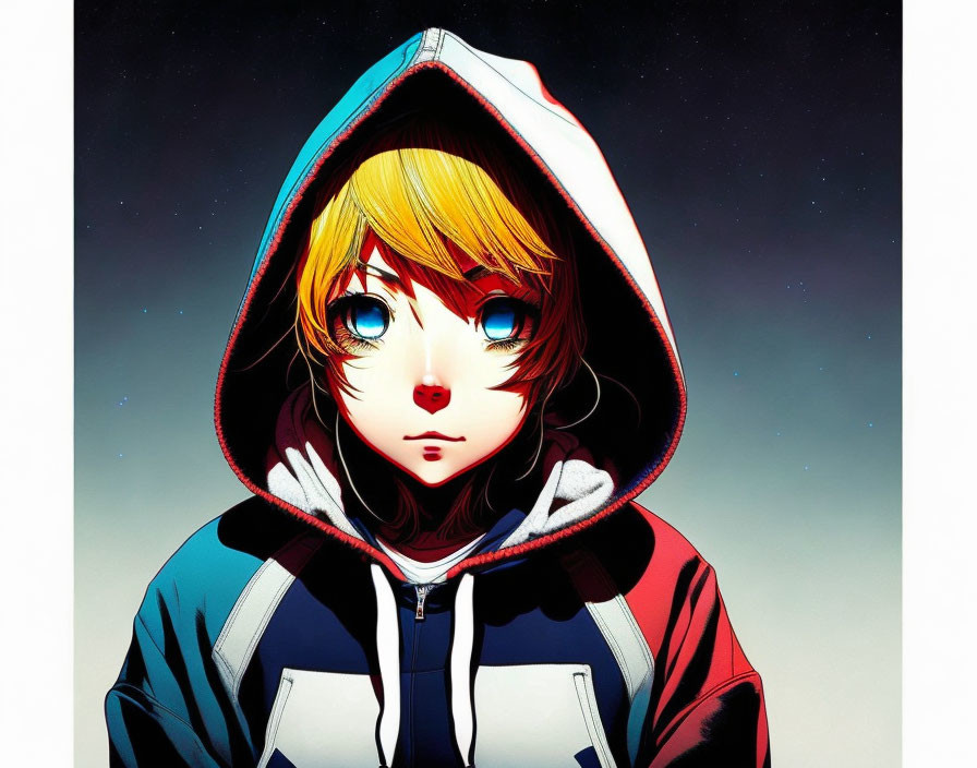 Colorful Anime Character with Red Nose in Hooded Jacket on Starry Night Sky