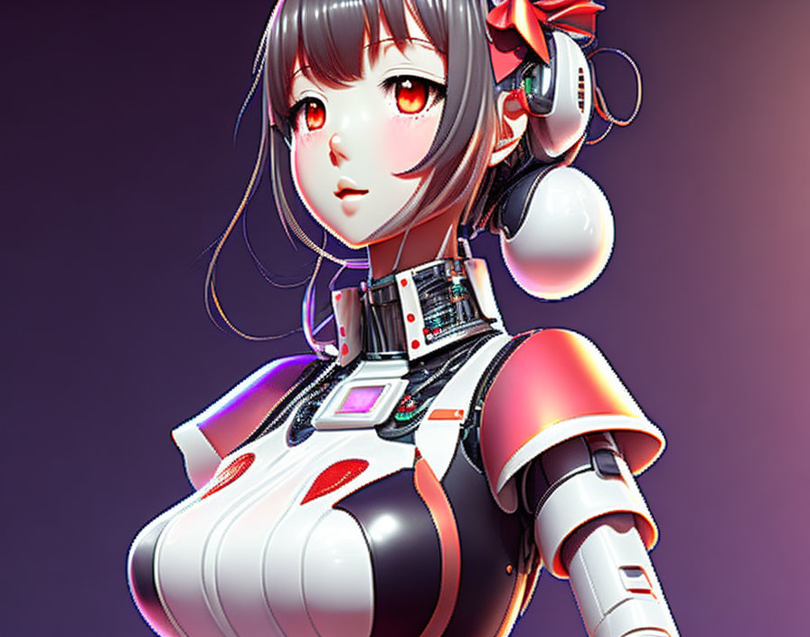 Detailed futuristic female android with red and white armor on purple background