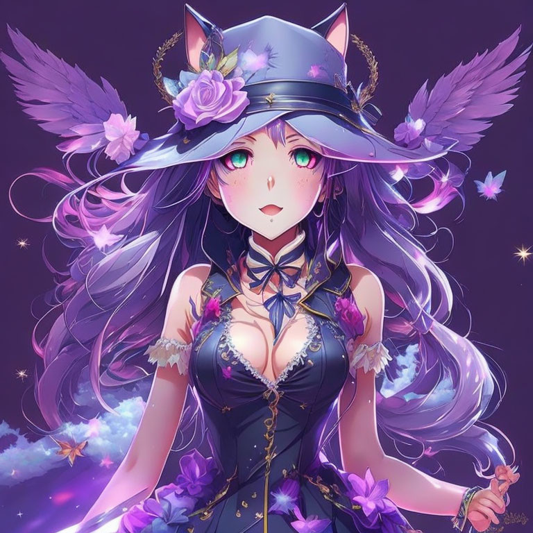 Anime-style girl with cat ears in blue and purple outfit on starry background