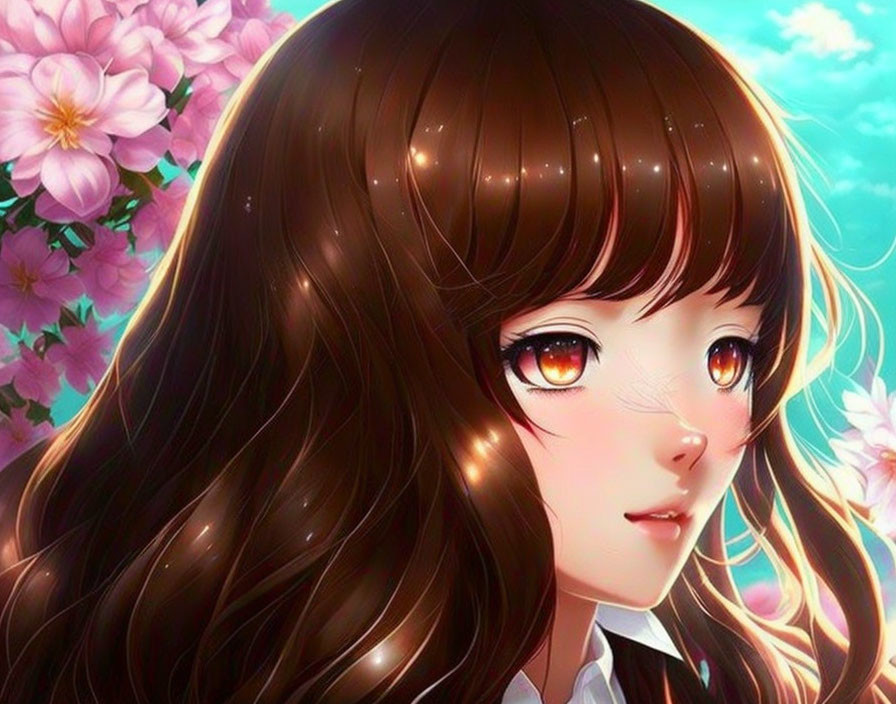 Illustration of girl with brown hair and amber eyes in pink flower setting