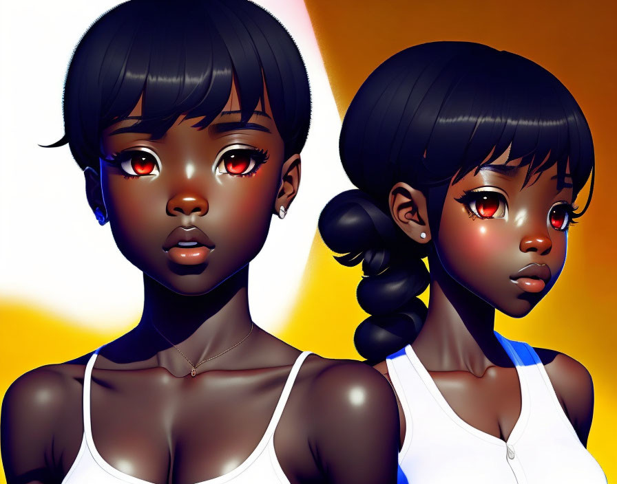 Stylized digital artwork featuring two female characters with glowing red eyes, dark skin, and black hair