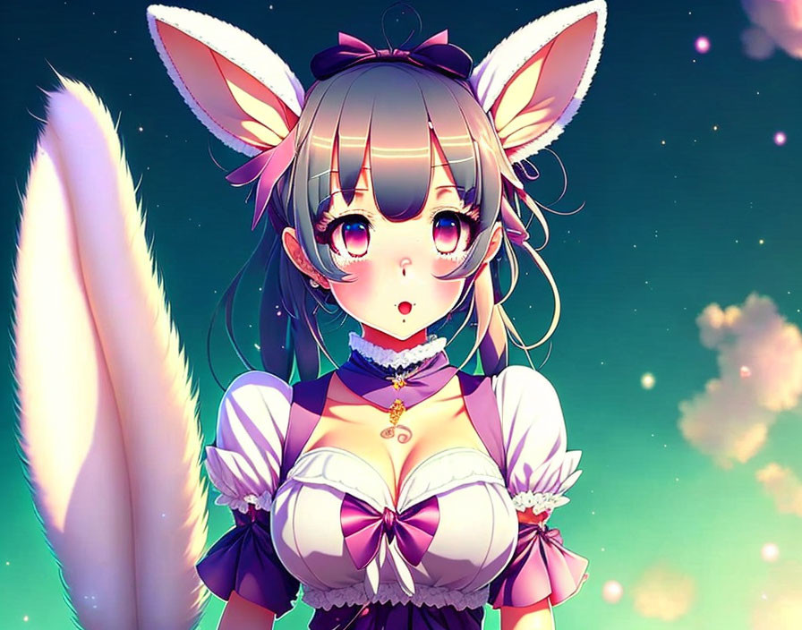 Fox-eared anime character in frilly purple outfit under starry sky