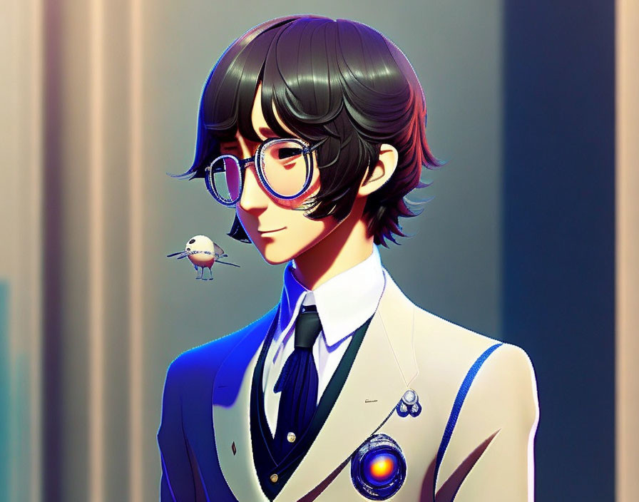 Stylized drawing of person with glasses, dark hair, suit, brooch, and bird