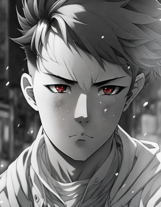 Monochrome anime art: young male with red eyes and snowflakes