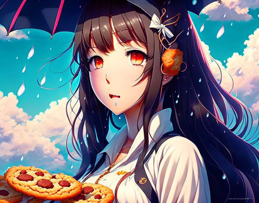 Brown-eyed anime girl with long dark hair holding cookies under blue sky with butterfly hairclip, raindrops