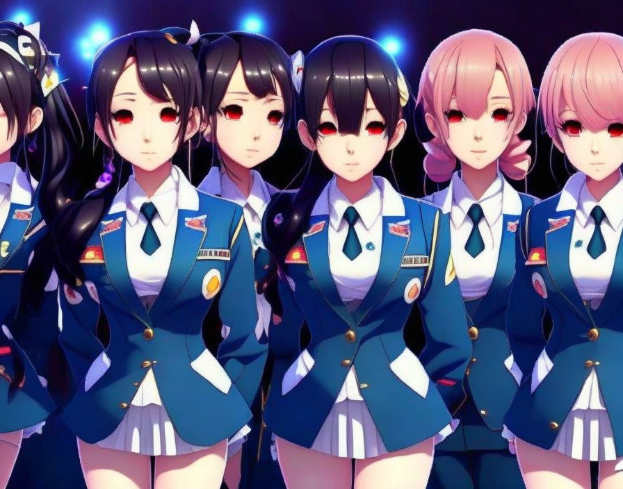 Five animated female characters in blue police uniforms and black bows against dark background with blue lighting.