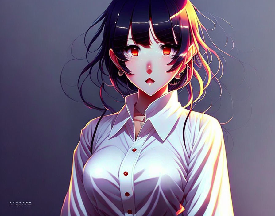 Dark-haired girl in white shirt: Anime-style illustration on grey background