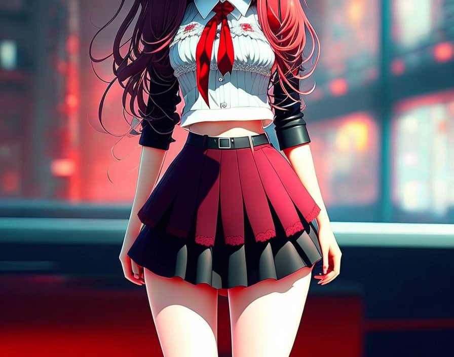 Character in stylized school uniform with pleated skirt against urban backdrop