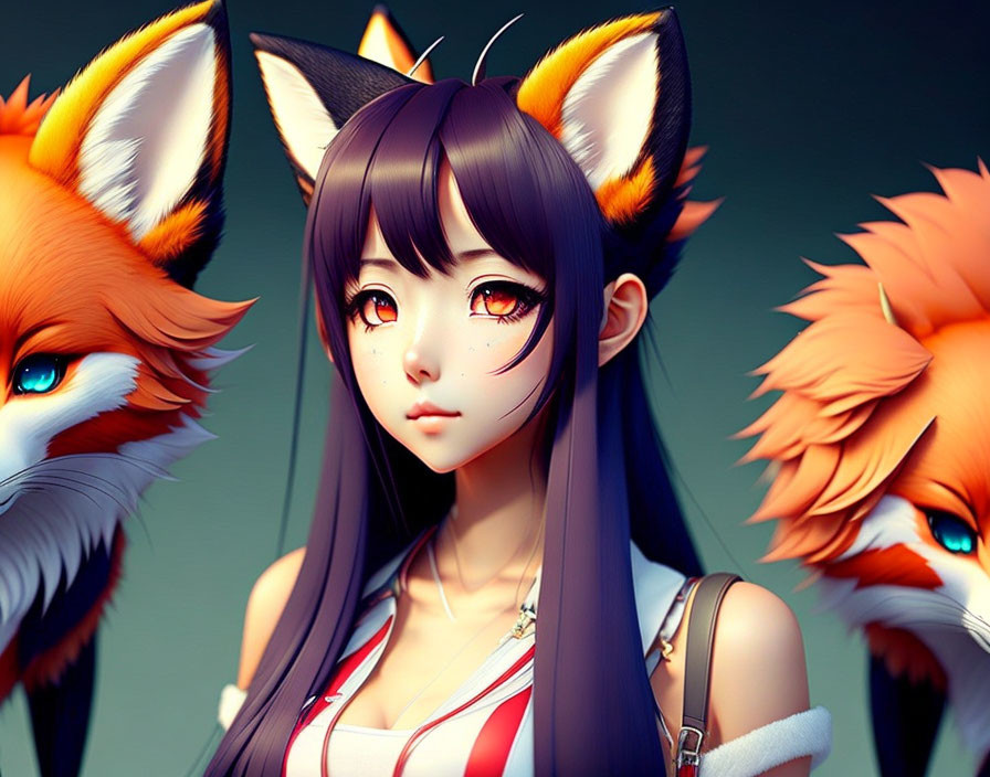 Girl with Fox Ears and Expressive Eyes Artwork with Stylized Foxes