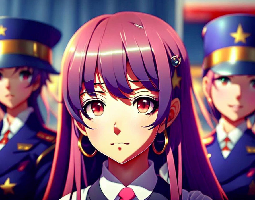 Anime girl with pink hair and red eyes in police-style cap surrounded by similar girls.