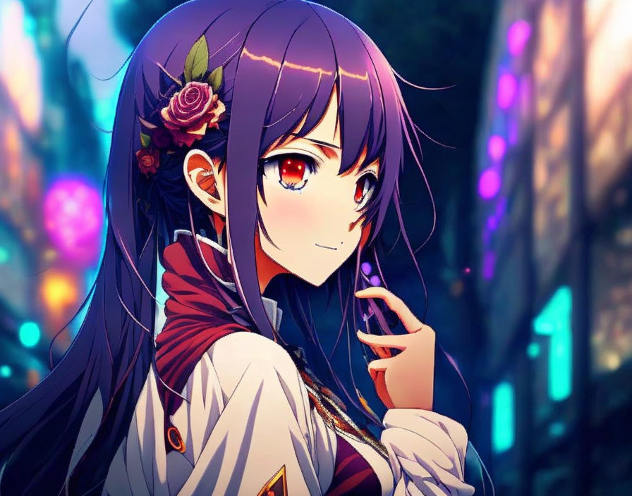 Anime girl with purple hair and red eyes and rose hairpiece on bokeh background