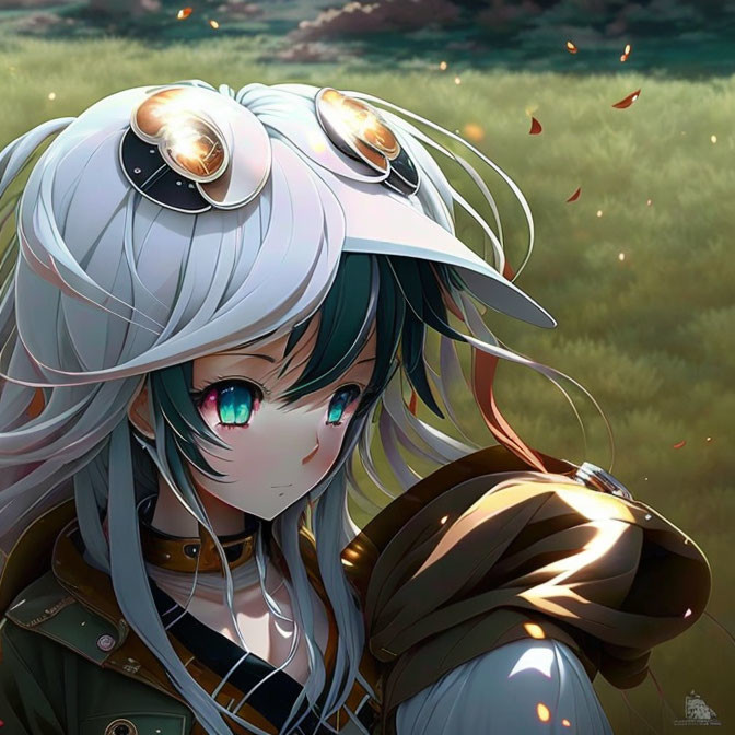 White-Haired Anime Girl in Cap and Headset in Grass Landscape