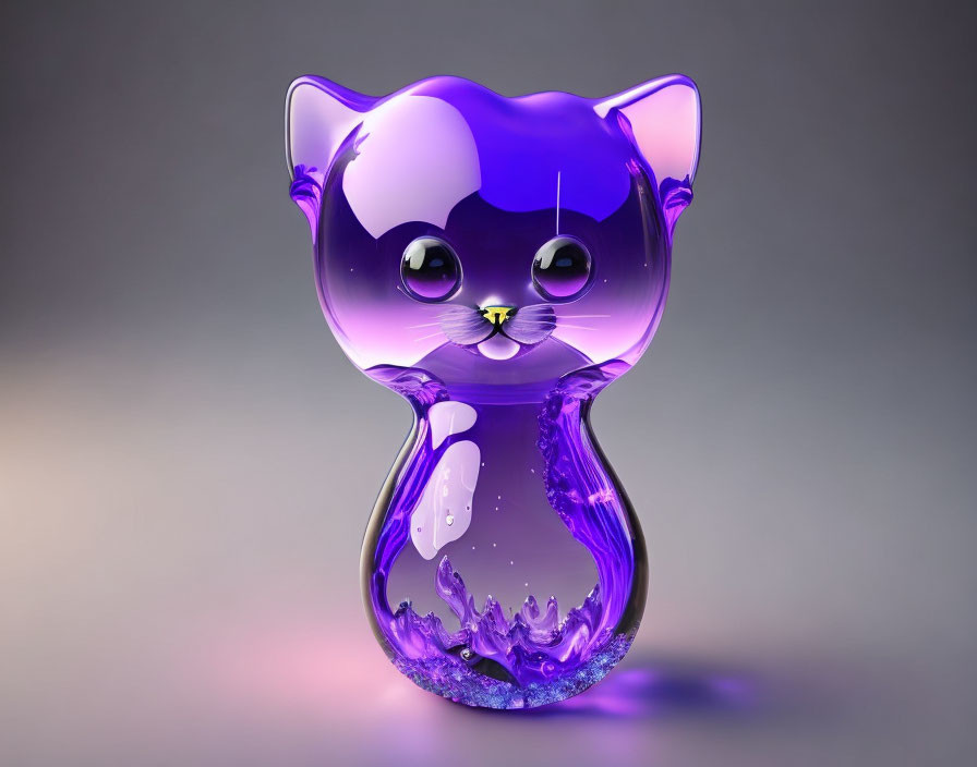 Purple Cartoonish Cat Glass Sculpture on Gradient Background