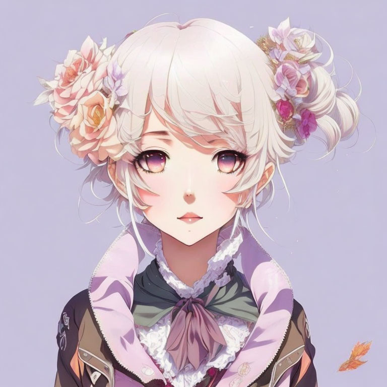 White-Haired Anime Female Character with Purple Eyes and Lavender Outfit