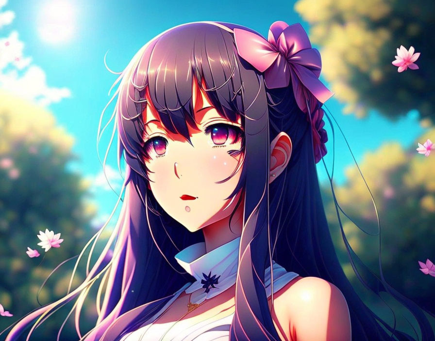 Long, Wavy Purple-Haired Anime Girl Surrounded by Cherry Blossoms