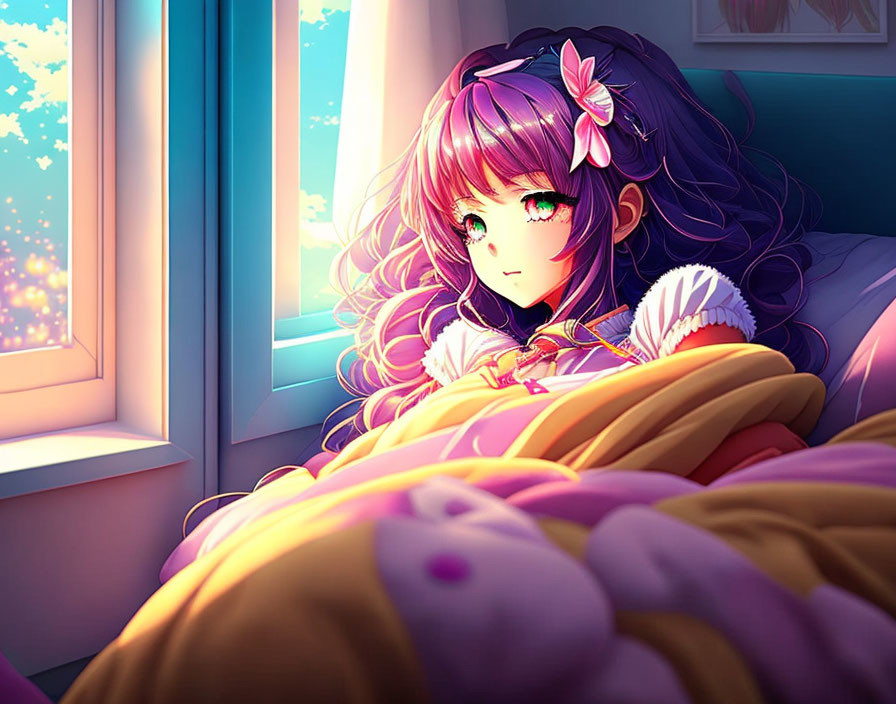 Colorful Anime-Style Illustration of Girl with Purple Hair and Green Eyes at Twilight