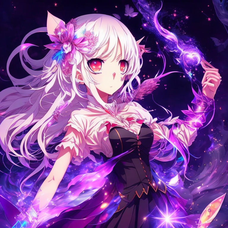 Silver-Haired Anime Girl with Red Eyes Holding Glowing Wand