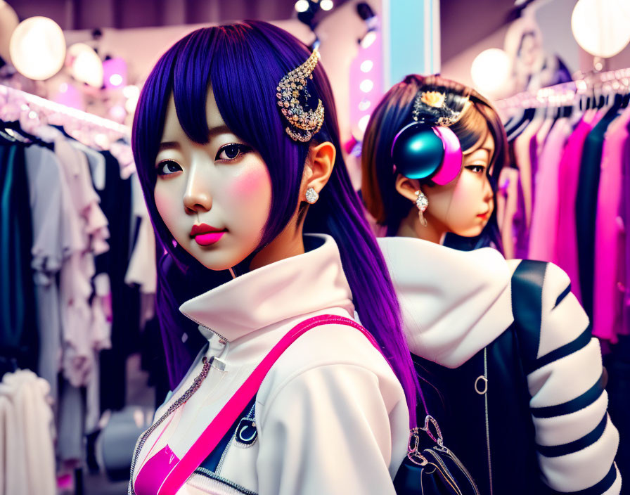 Two women with blue hair and bold makeup in a clothing store with headphones.