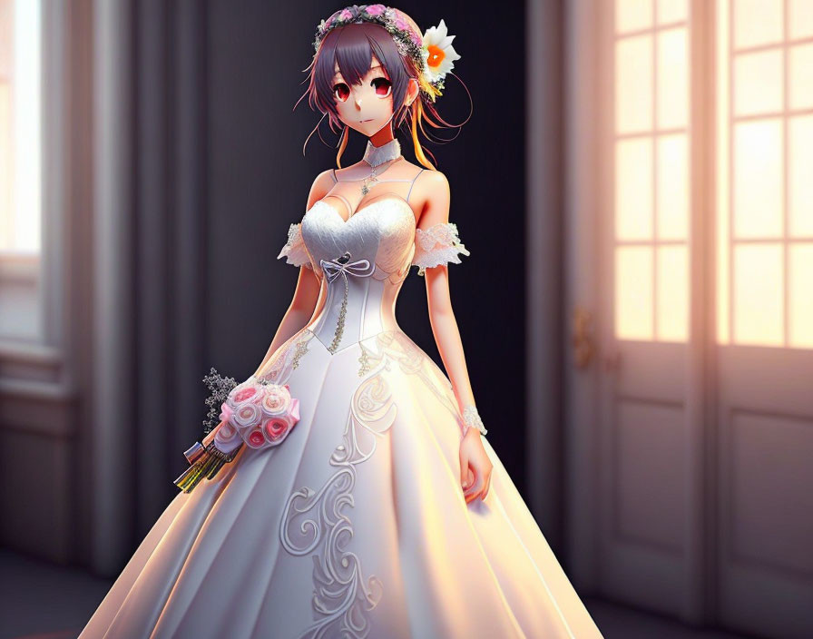 Anime-style character in white bridal gown with floral accessories standing in sunlit room