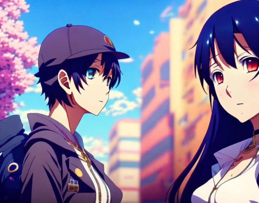 Anime characters: boy in cap and girl with long black hair, pink blossoming trees backdrop.