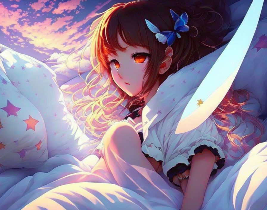 Curly-Haired Anime Girl with Blue Bow on Star-Patterned Pillow at Sunset