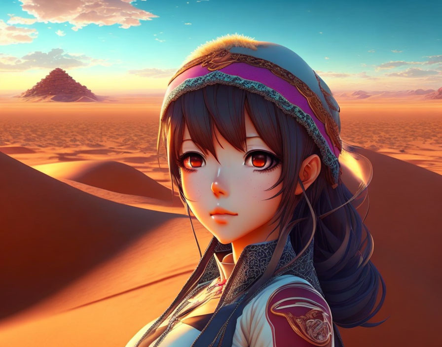 Anime-style female character in desert sunset with sand dunes and pyramid.