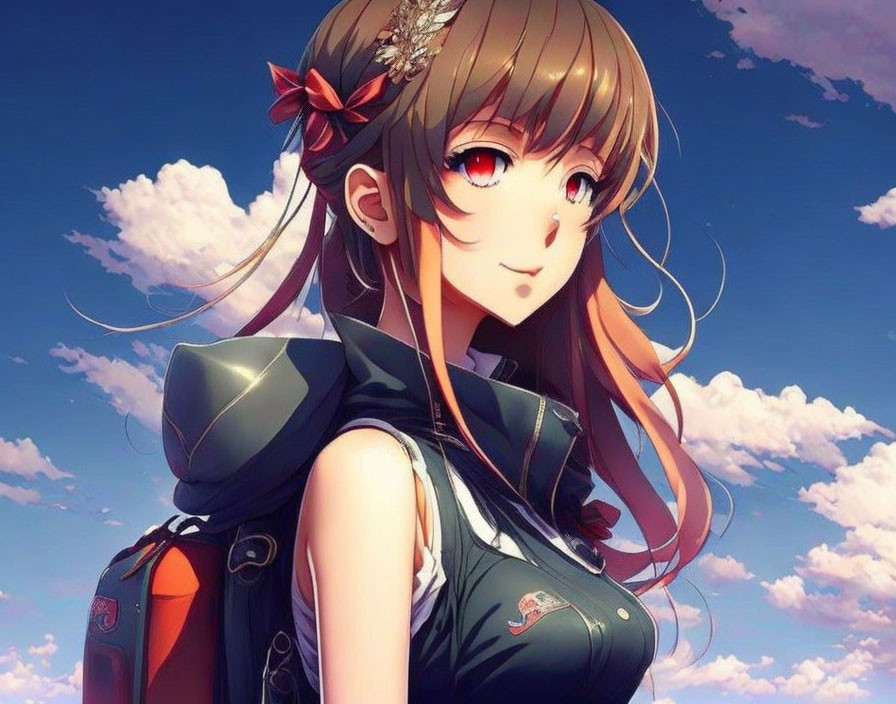 Brown-haired animated girl in black jacket with red ribbon, badges, under blue sky