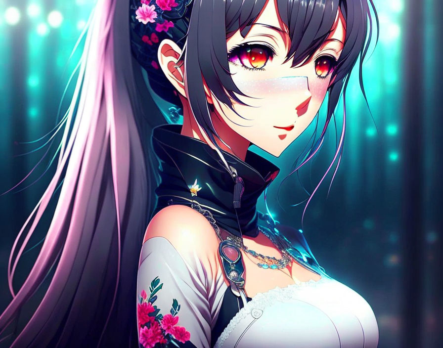 Anime-style girl with long pink hair and floral accessories on teal backdrop