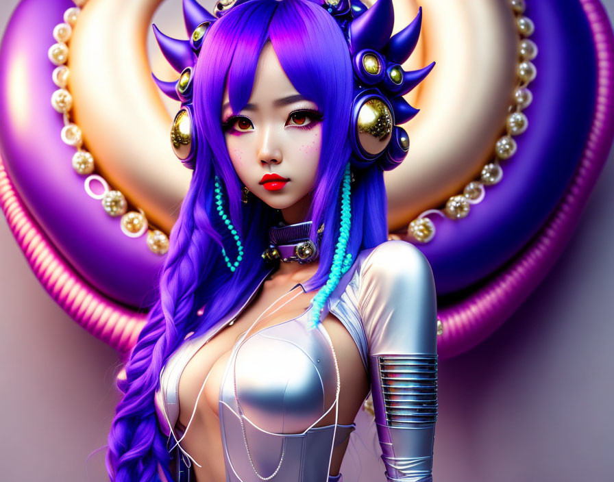 Purple-haired female character with futuristic accessories on purple backdrop