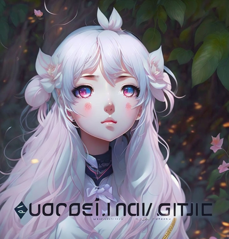 Illustrated character with silver hair and violet eyes in lush green setting with falling pink petals