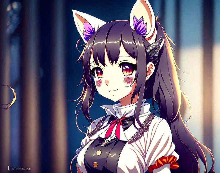 Anime-style girl with cat ears and purple bow smiling against blurred background