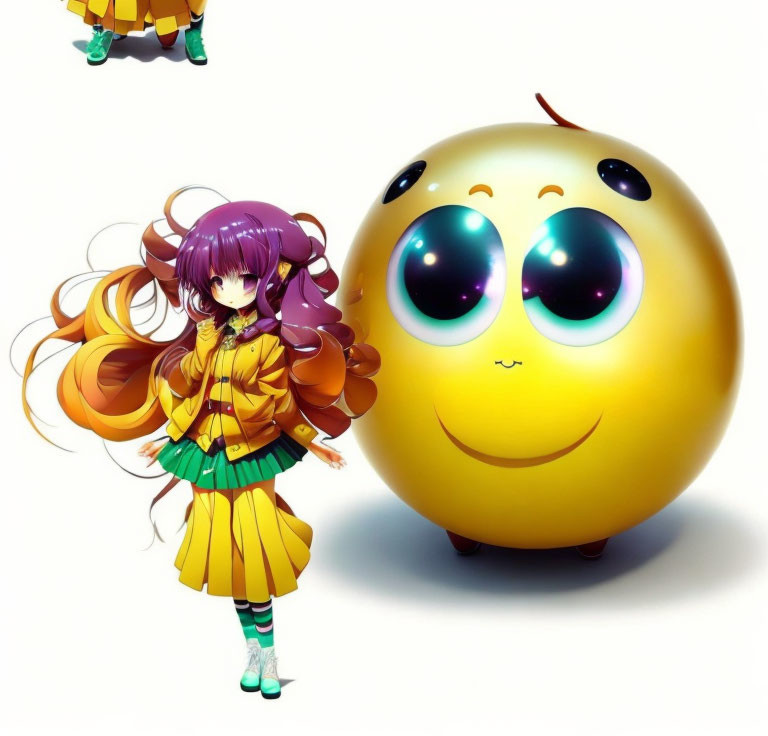 Purple-haired girl with yellow outfit next to smiling yellow fruit