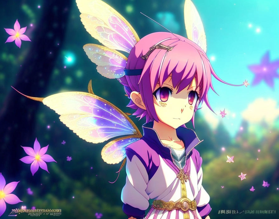 Purple-Haired Anime Character with Butterfly Wings in Forest Scene