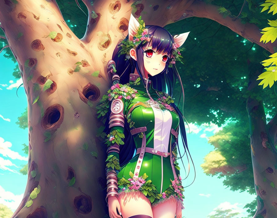 Illustration of female character with elfin ears in green floral outfit next to tree under sunny sky