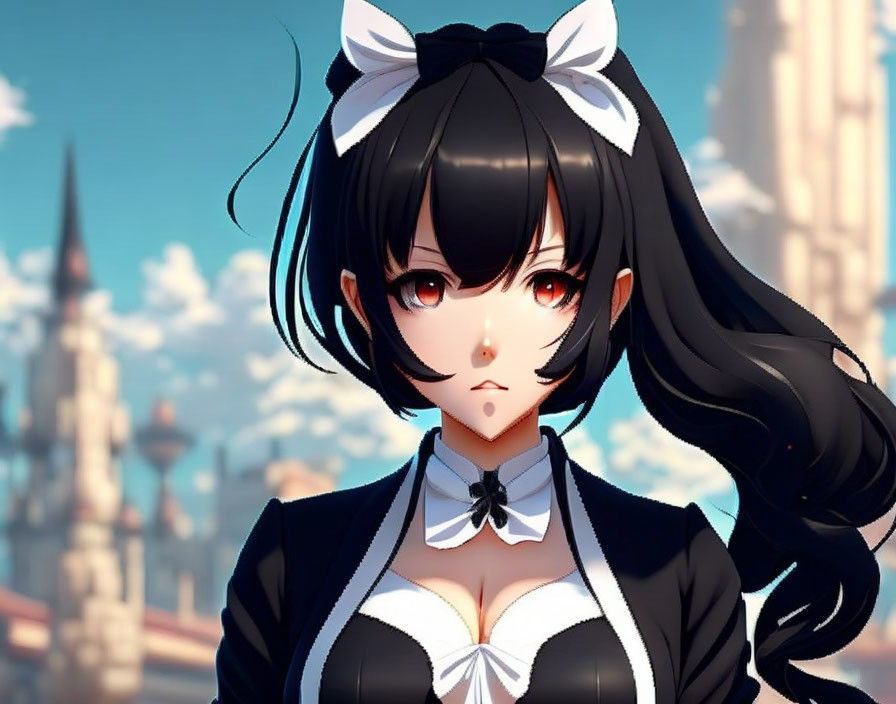 Anime-style female character with black hair and red eyes in maid outfit against castle backdrop.