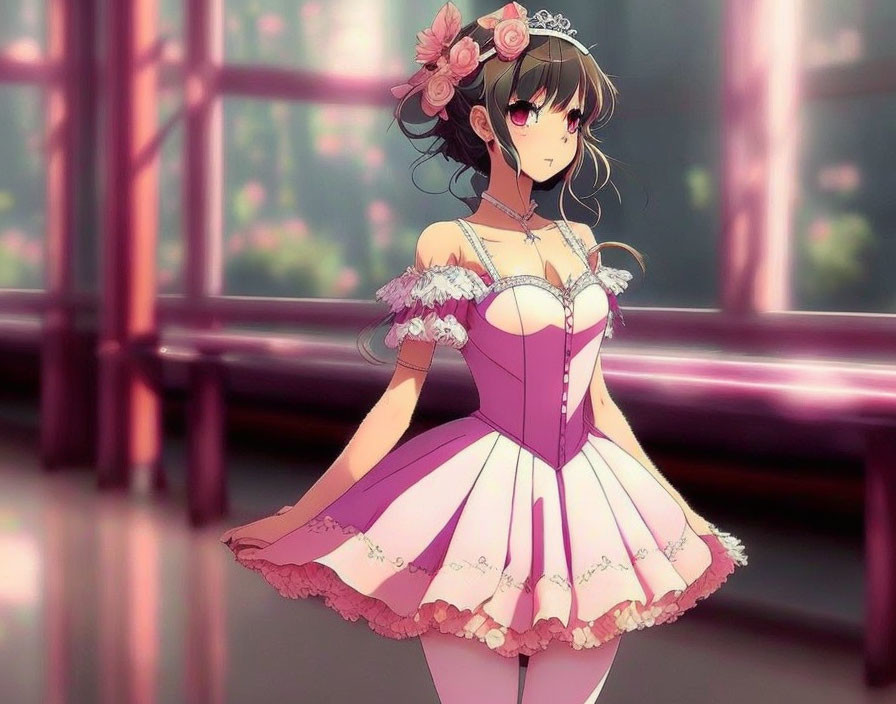 Brown-haired anime character in pink dress at ballet barre in pink-tinted room