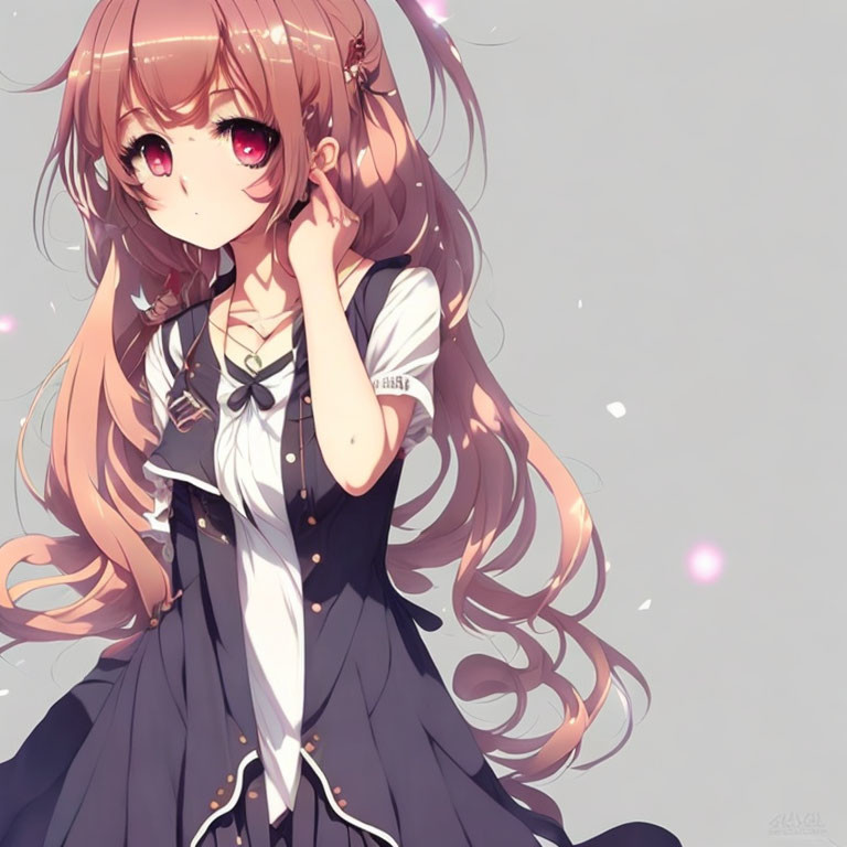 Anime girl with long brown hair and pink eyes in black and white outfit surrounded by pink sparkles.