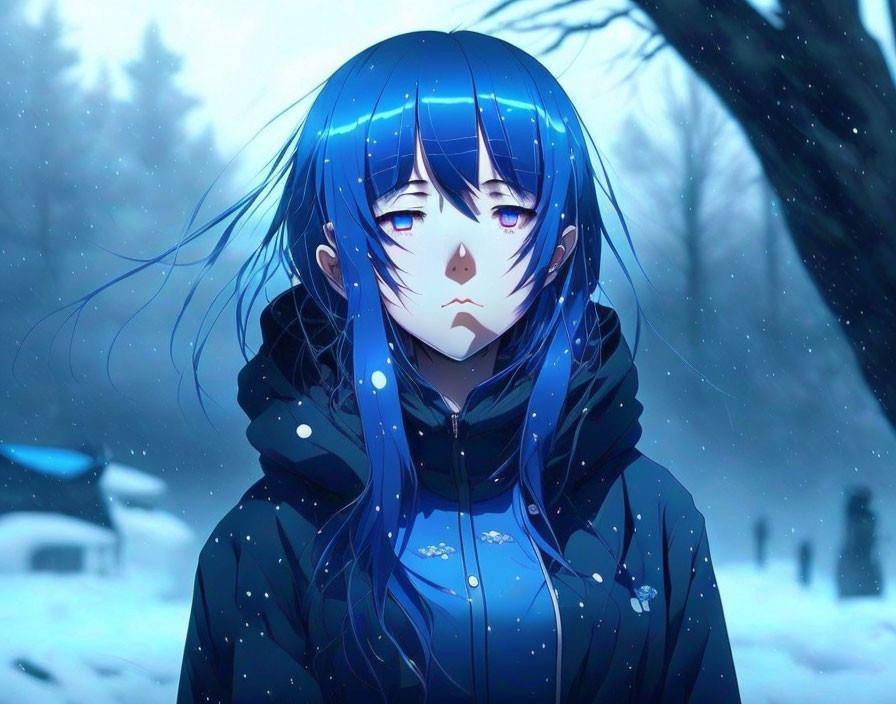 Melancholic anime girl with blue hair in snowy scene