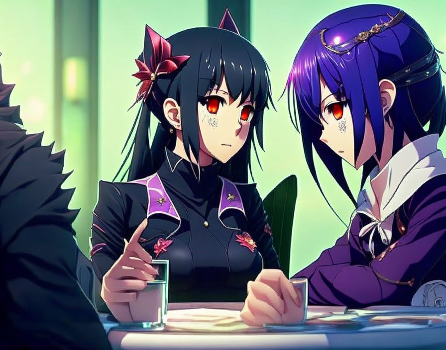 Two anime-style girls with unique hairstyles and eye colors sitting at a table with serious expressions and a glass