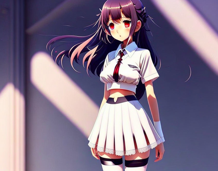 Long-haired anime girl in school uniform by window with shadow.