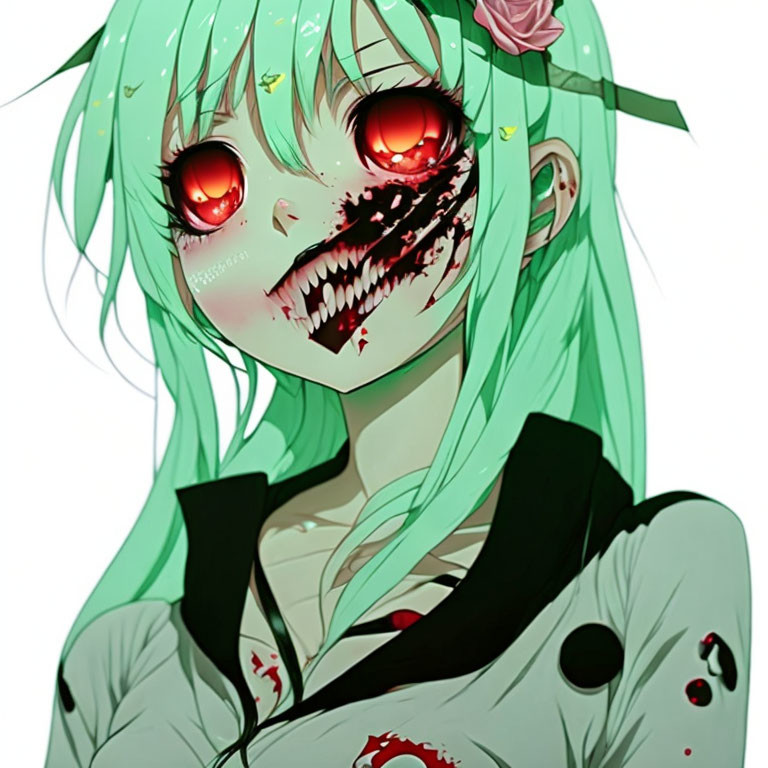 Anime character with mint green hair, red eyes, and black maw in dark school uniform.