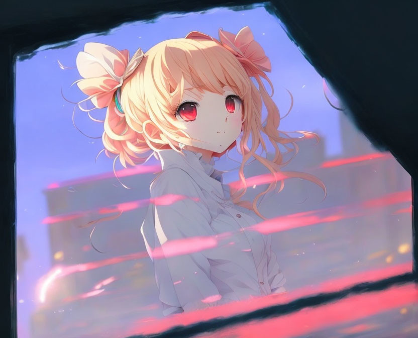 Blonde-Haired Anime Girl with Red Eyes Looking Through Window