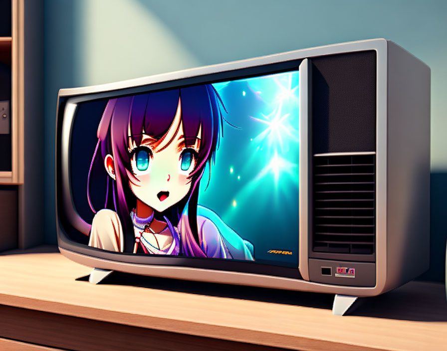 Colorful animated character with large eyes on retro TV.