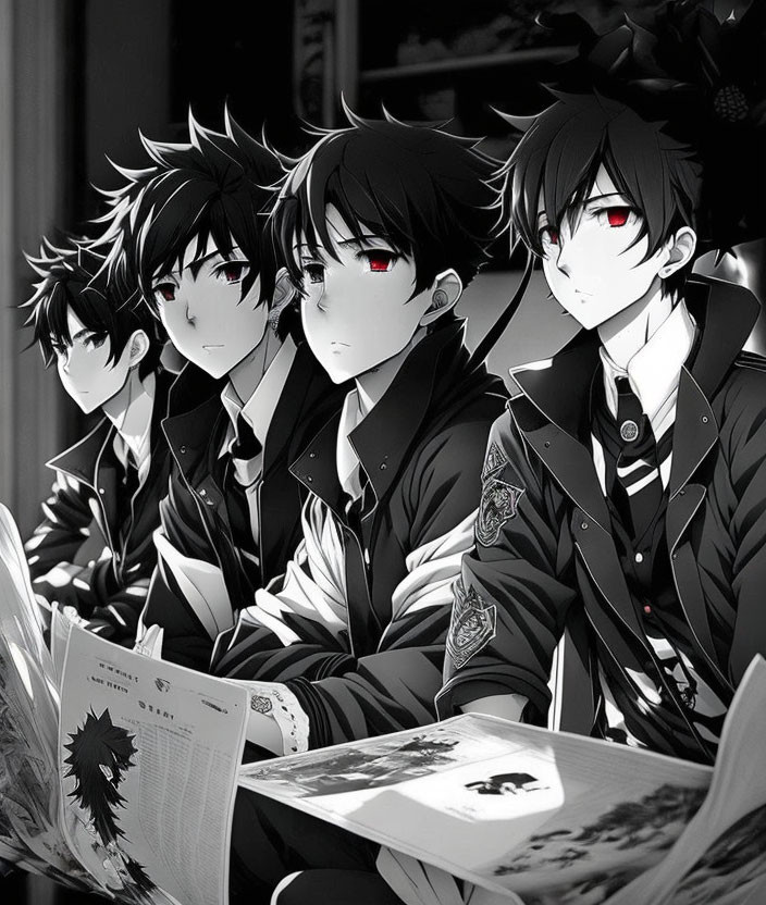 Monochrome anime-style illustration of five male characters in school uniforms.