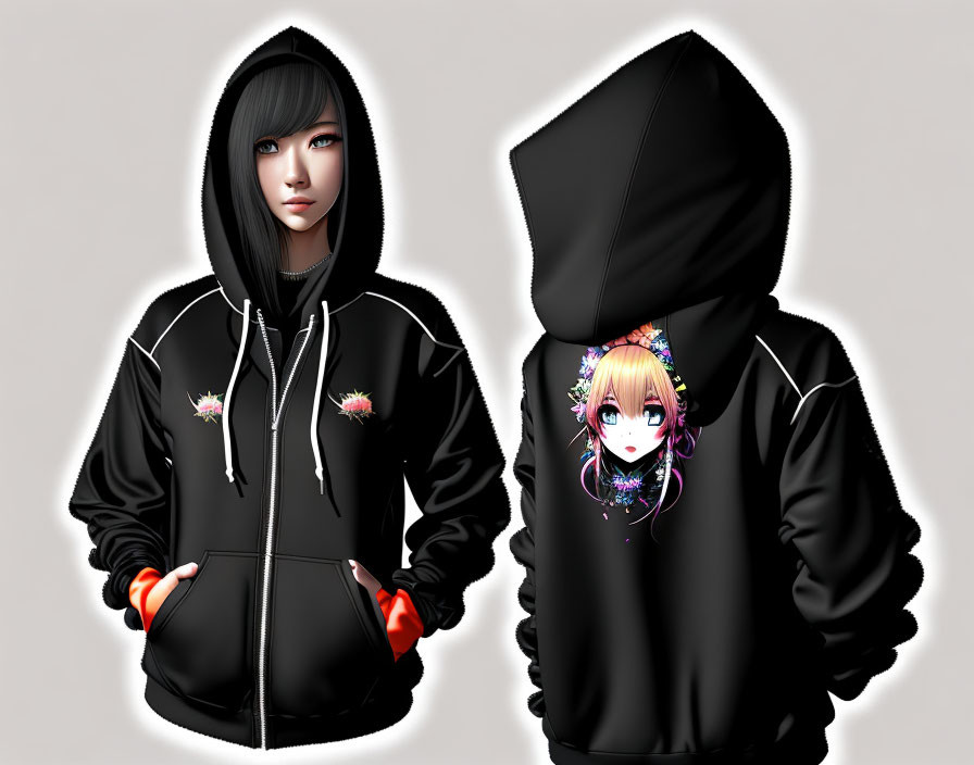 Androgynous person in black hoodie with floral designs and anime character, viewed from two angles