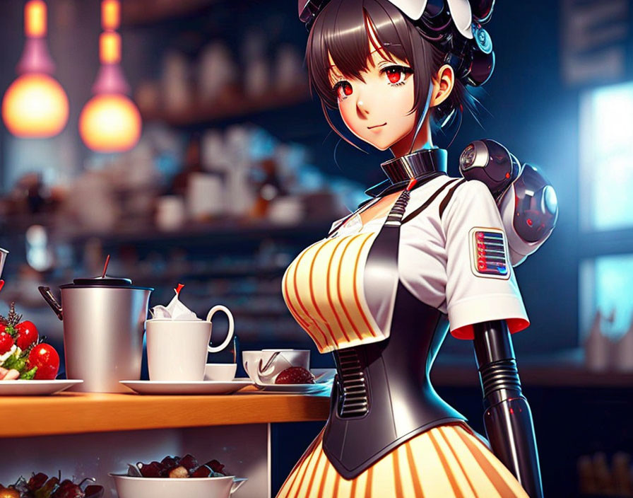 Female character with robotic arm in maid outfit at cafe counter