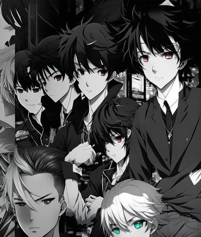 Monochrome stylized anime characters in black outfits.