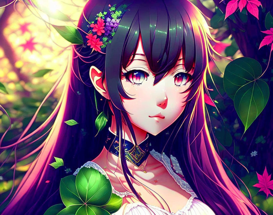 Illustration: Female anime character with dark hair and flowers in lush green foliage